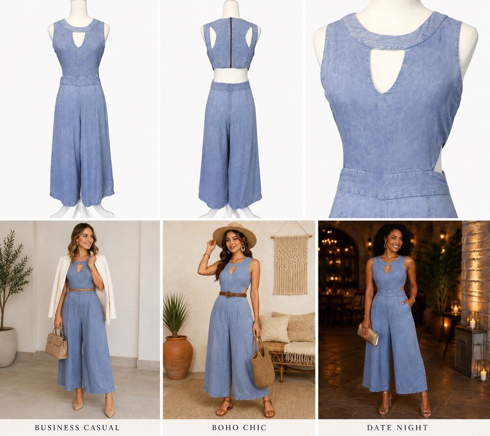 Kaide Chambray Open Back Wide Leg Jumpsuit Size Small Boho Vacation Outfit